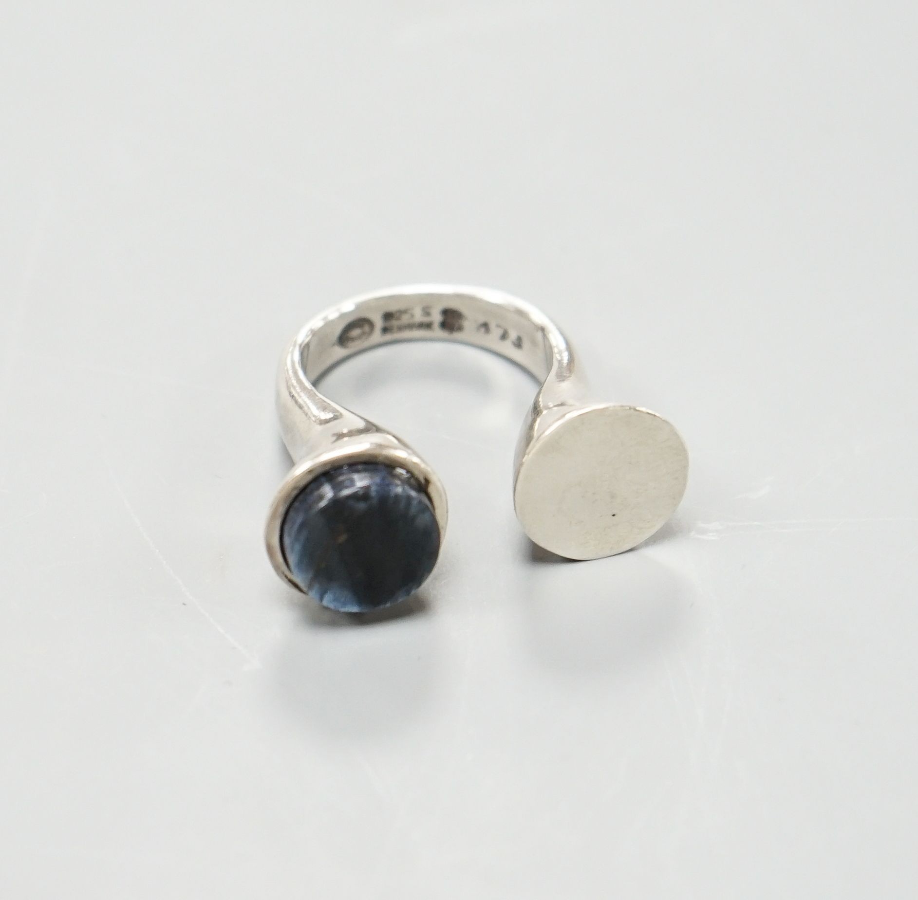 A Bert Gabrielsen for Georg Jensen sterling and spectrolite set open ring, size N.